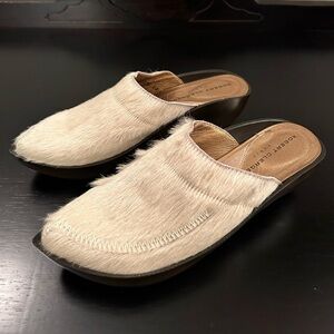 Robert Clergerie Paris Pointed Toe Mules Slip On Clogs Ivory Pony Hair Sz 6.5